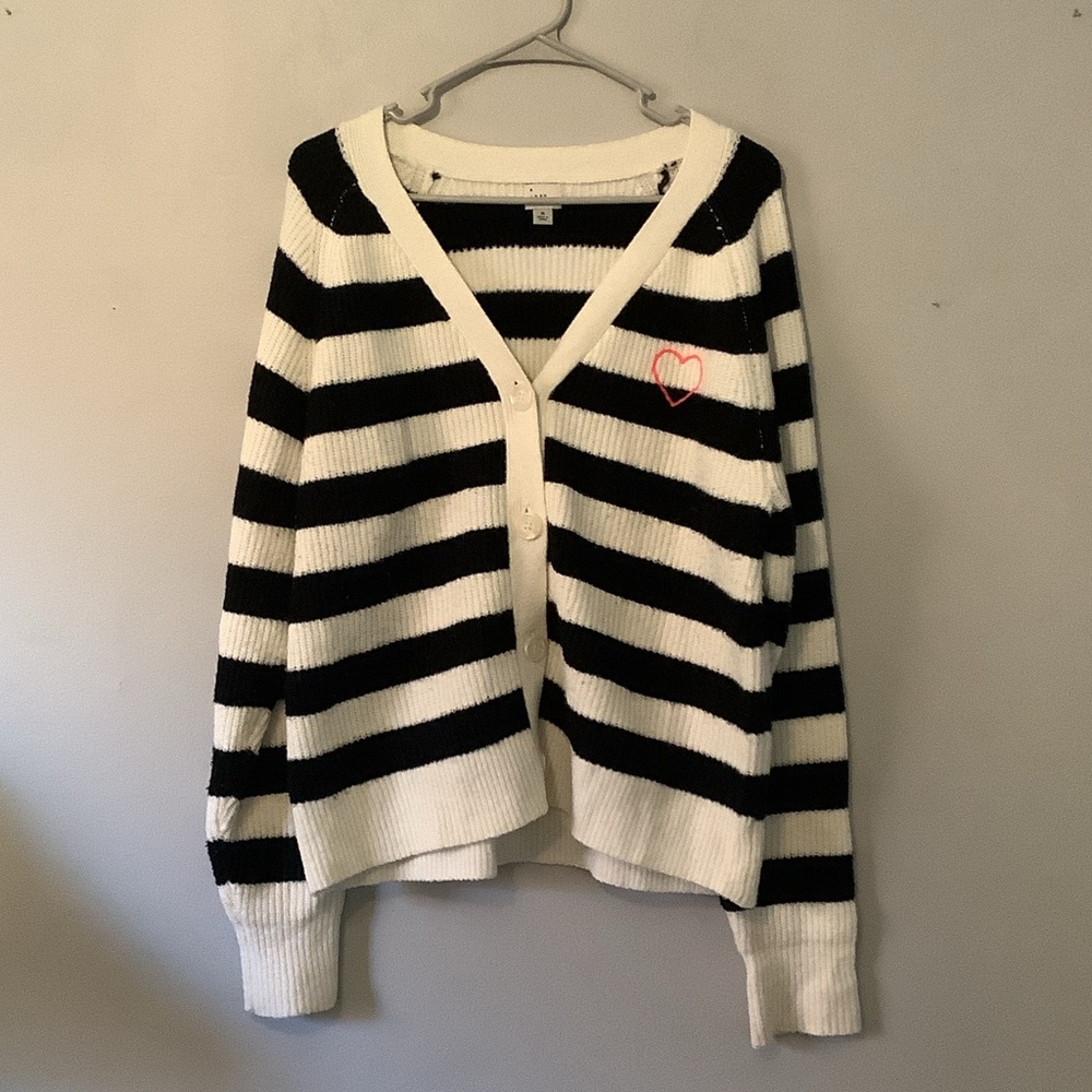 a new day Black and White Striped Cardigan with Heart Accent